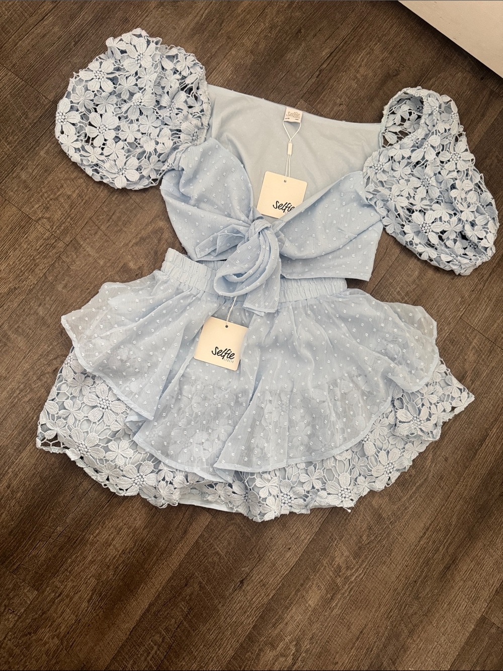Selfie Light Blue Lace Two-Piece Crop Top & Skirt Set
